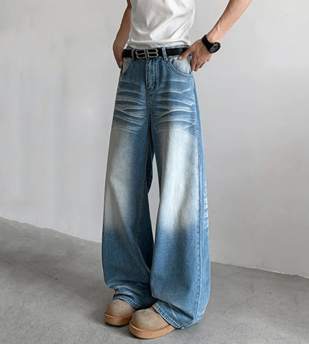 Men's Jeans American Style High Street Distressed Trendy Washed Denim Pants Loose Wide Leg Stylish Male Trousers 9W1709