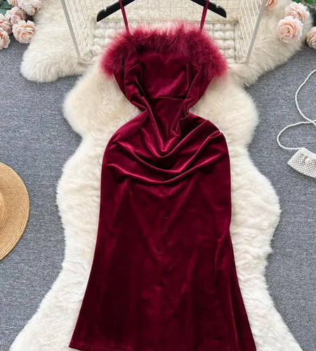 French Red Sexy Elegant Hairy Patchwork Velvet Slip Dress Spring Summer Vintage Black Evening Party Club Midi Dress Women Simple