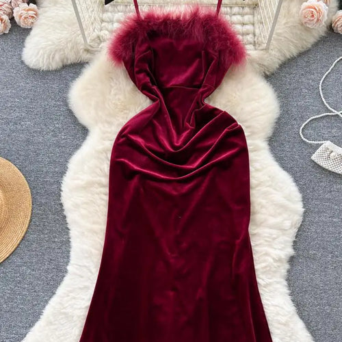 Load image into Gallery viewer, French Red Sexy Elegant Hairy Patchwork Velvet Slip Dress Spring Summer Vintage Black Evening Party Club Midi Dress Women Simple
