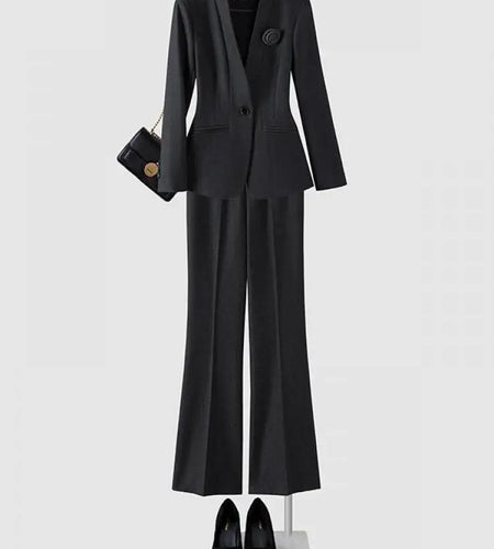Autumn Winter Black Brown Temperament Suit 2024 Women Long Sleeve Single Button Blazer Coat + High Waist Pant Two Piece Sets New