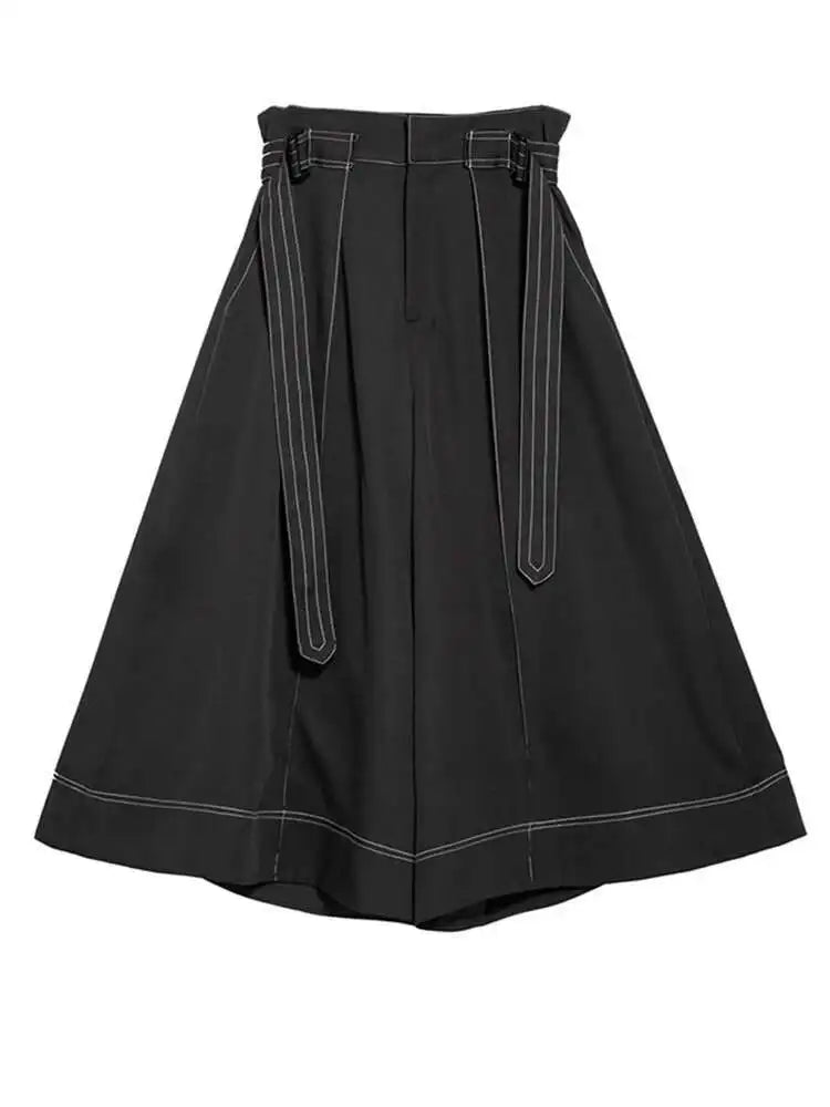High Waist Black Topstitched Bandage Long Wide Leg Pants New Loose Fit Trousers Women Fashion Spring Autumn 2025 1DF7722