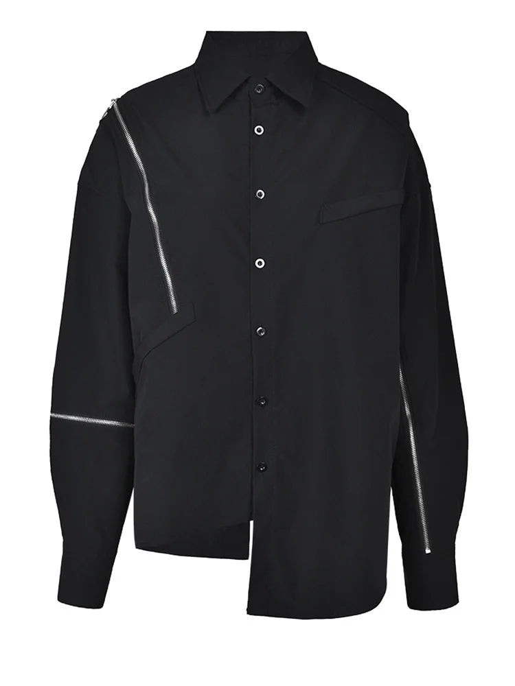 Women Black Zipper Irregular Big Size Blouse New Lapel Long Sleeve Loose Fit Shirt Fashion Spring Autumn 2025 1DF743301