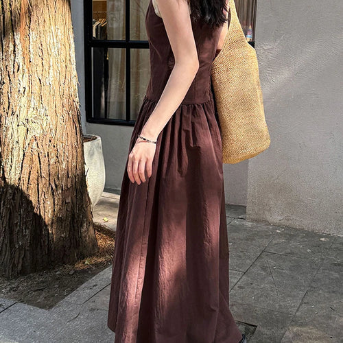 Load image into Gallery viewer, Women Coffee Color-block Elegant Long Vest Dress New Round Neck Sleeveless Fashion Tide Spring Summer 2025 1DJ0743
