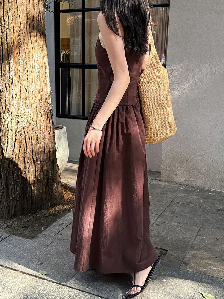 Women Coffee Color-block Elegant Long Vest Dress New Round Neck Sleeveless Fashion Tide Spring Summer 2025 1DJ0743