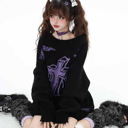 Load image into Gallery viewer, Harajuku Vintage Jacquard Knitted Sweater Women Causal Loose Y2k Aesthetic Pullover 2025 Antumn Hollow Out Tassels Jumpers Tops
