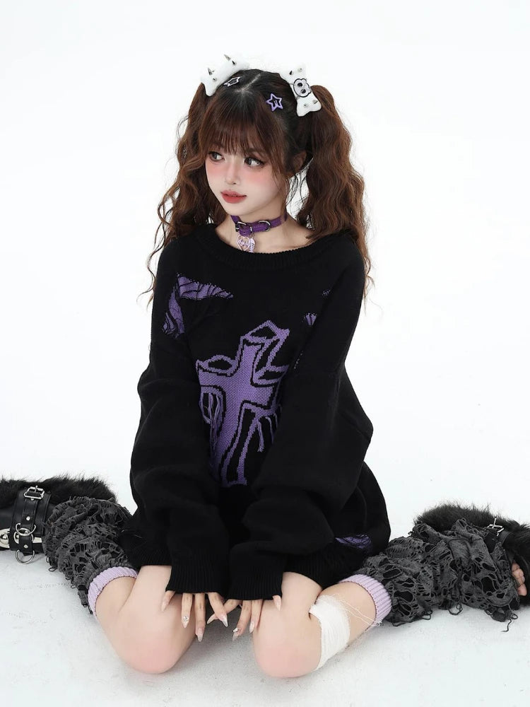 Harajuku Vintage Jacquard Knitted Sweater Women Causal Loose Y2k Aesthetic Pullover 2025 Antumn Hollow Out Tassels Jumpers Tops