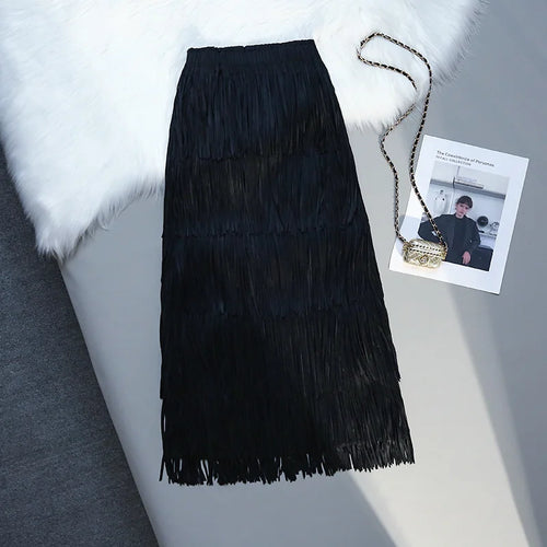 Load image into Gallery viewer, Five-layer Fringed Cake Skirt Women All-match Slim Elastic Waist Design Straight Tube Skirt Tassel Hem Solid Midi Skirts Female
