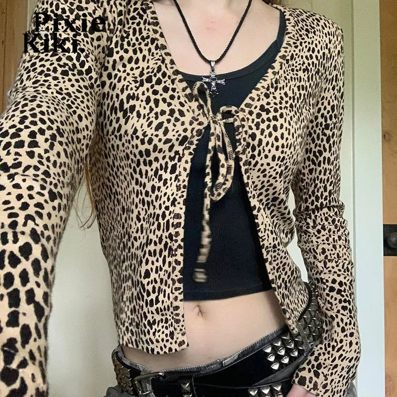 Leopard Print Y2k Tops Women 2024 Fall Tie Front V Neck Long Sleeve Tees Street Fashion T Shirt Cardigan P77-AG10