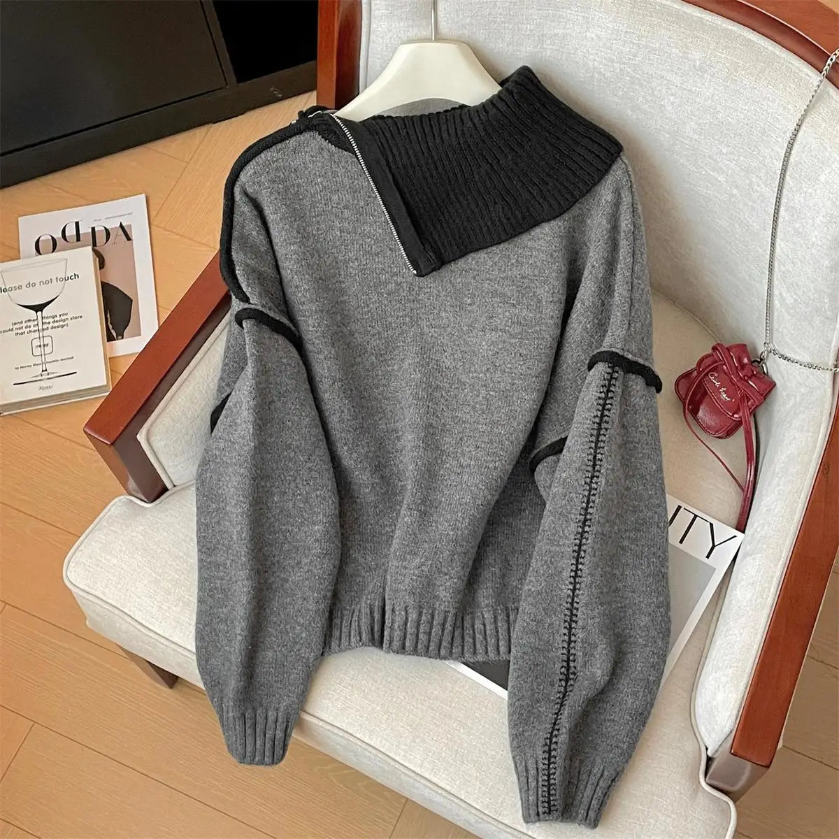 Korean Fashion Autumn Winter Grey Patchwork Elegant Long Sleeves Knit Sweater Women's Half Zipper Pullover Short Tops Streetwear