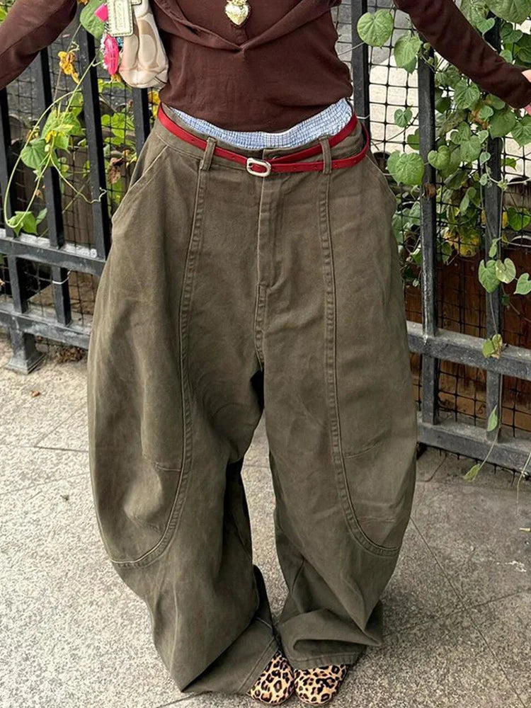 High Waist Green Brief Vintage Long Casual Wide Leg Jeans New Women Trousers Fashion Tide Spring Autumn 2025 1DJ0110