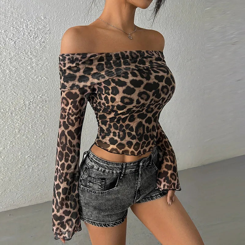 Leopard Print Long Sleeve T-shirt Women Off-shoulder Backless Crop Tops Female Fashion Printed Strapless Tees Tops