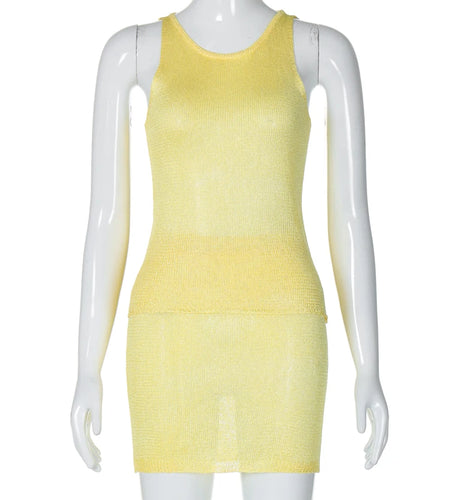 Knitted 2 Pcs Matching Sets O Neck See Through Sexy Slim Crop Top Skirt Women Elegant Outfit Beach Festival Party