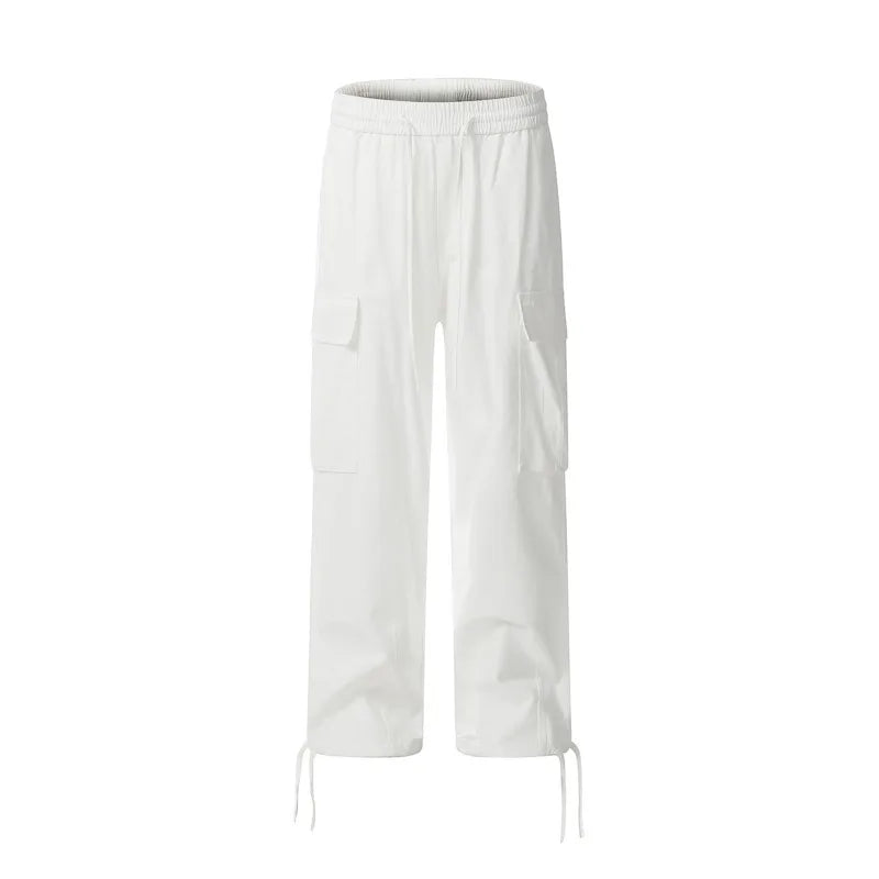 Solid Color Multi Pocket Men's Pants Casual Straight Drawstring Trendy Elastic Waist Wide Leg Simple Male Trousers 9W101