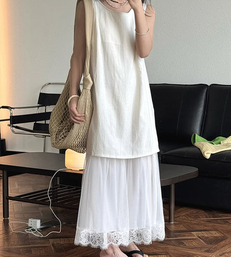 Women Beige Mesh Lace Spliced Elegant Long Vest Dress New Round Neck Sleeveless Fashion Tide Spring Summer 2025 1DJ1216