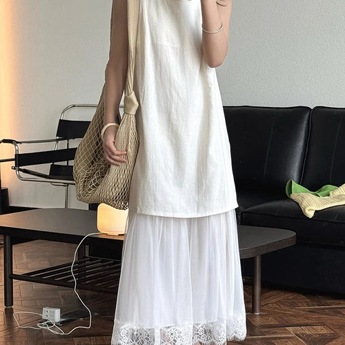 Load image into Gallery viewer, Women Beige Mesh Lace Spliced Elegant Long Vest Dress New Round Neck Sleeveless Fashion Tide Spring Summer 2025 1DJ1216

