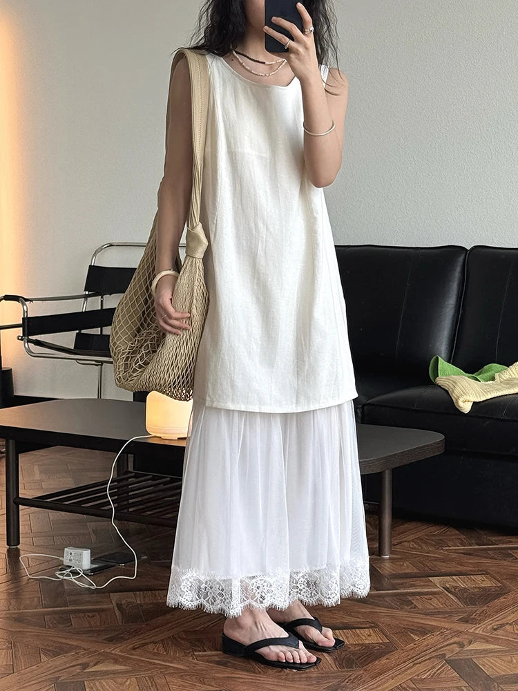 Women Beige Mesh Lace Spliced Elegant Long Vest Dress New Round Neck Sleeveless Fashion Tide Spring Summer 2025 1DJ1216