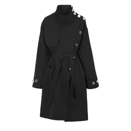 Load image into Gallery viewer, Solid Spliced Button Chic Trench for Women Stand Neck Long Sleeve High Waist Elelgant Long Coats Female
