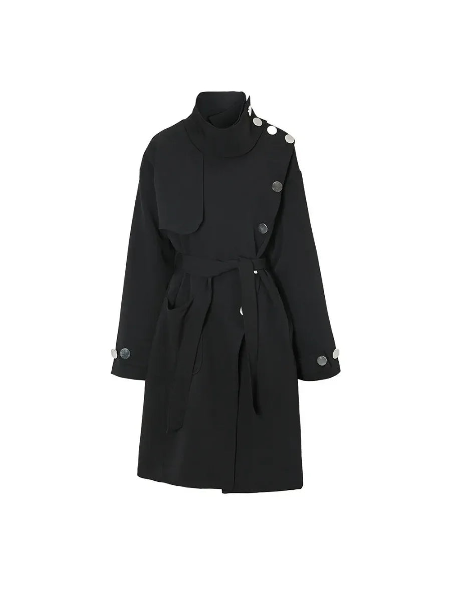 Solid Spliced Button Chic Trench for Women Stand Neck Long Sleeve High Waist Elelgant Long Coats Female