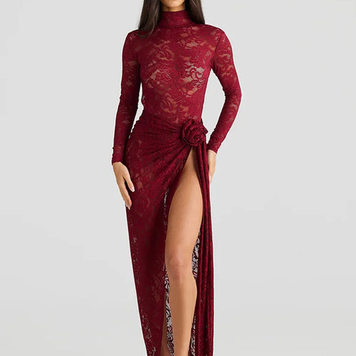 Load image into Gallery viewer, Sexy Lace Slim Perspective Two-piece Set Women High Neck Backless Jumpsuit Side Stitching Long Skirt Holiday Set 2025
