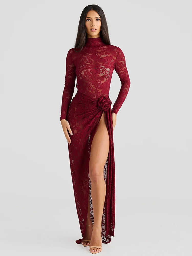 Sexy Lace Slim Perspective Two-piece Set Women High Neck Backless Jumpsuit Side Stitching Long Skirt Holiday Set 2025