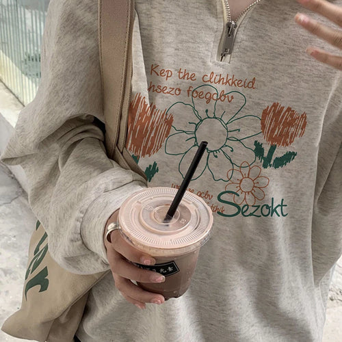 Load image into Gallery viewer, Printing Casual Polo Neck Women Hoodies Chic Zipper Fashion Office Ladies Griege Loose Female Sweatshirt Basic Streetwear
