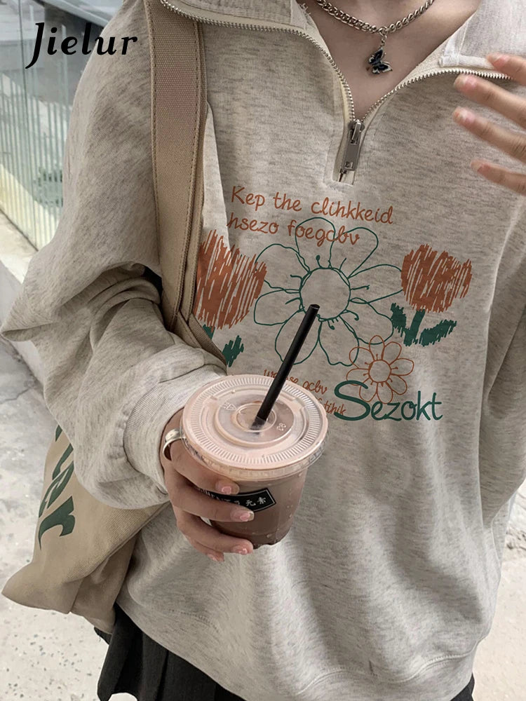 Printing Casual Polo Neck Women Hoodies Chic Zipper Fashion Office Ladies Griege Loose Female Sweatshirt Basic Streetwear