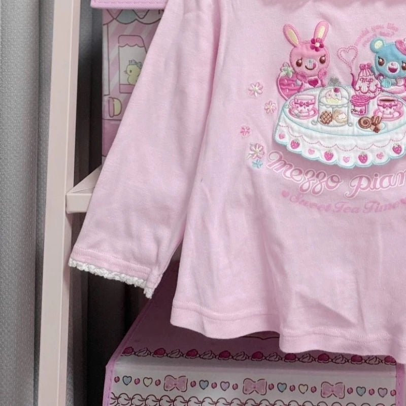 Japanese Cartoon Embroidery T-shirt Women Sweet Y2k Aesthetic Lace Patchwork Tops Girls Harajuku Grunge Kawaii Cute Bow Tees