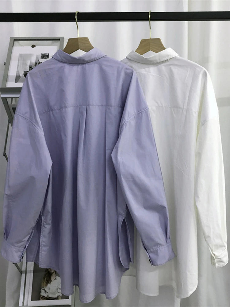Women Purple Pocket Big Size Long Casual Blouse New Lapel Long Sleeve Shirt Fashion Tide Spring Autumn 2025 1DJ1489