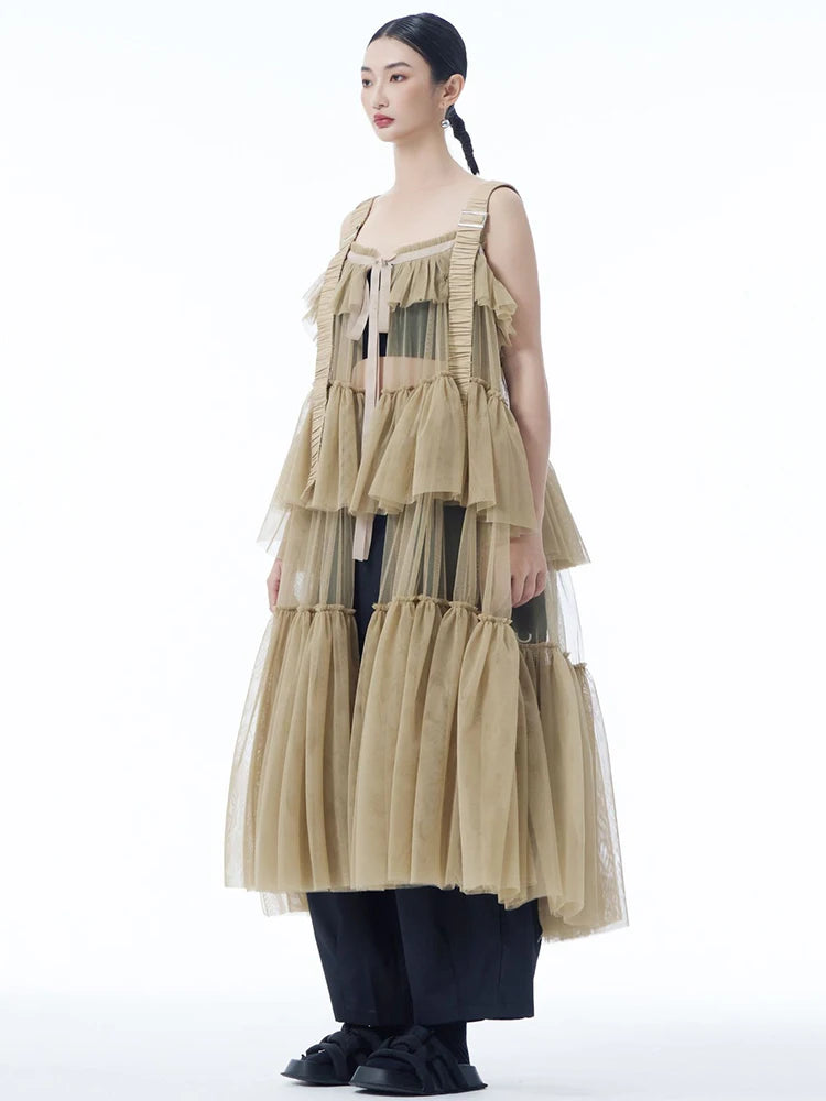 Women Black Mesh Perspective Big Size Strap Dress New Square Collar Sleeveless Fashion Tide Spring Summer 2025 1DJ1242