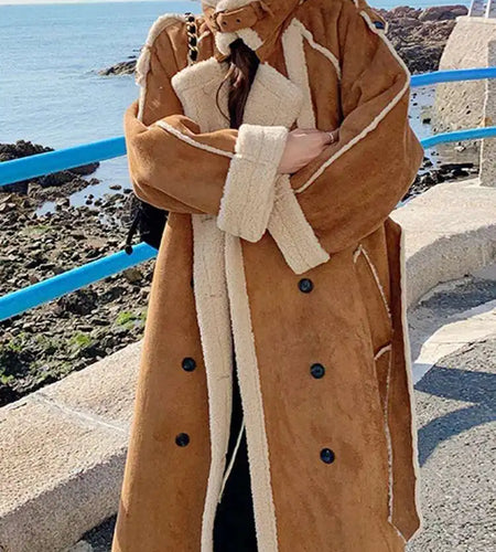 Camel Thick Big Size Long Lambswool Jacket New Stand Collar Long Sleeve Women Coat Fashion Tide Autumn Winter 2025 1DH8605