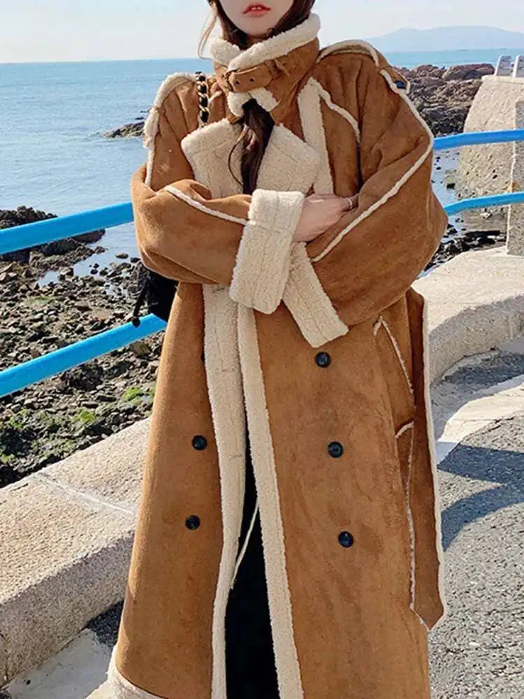 Camel Thick Big Size Long Lambswool Jacket New Stand Collar Long Sleeve Women Coat Fashion Tide Autumn Winter 2025 1DH8605