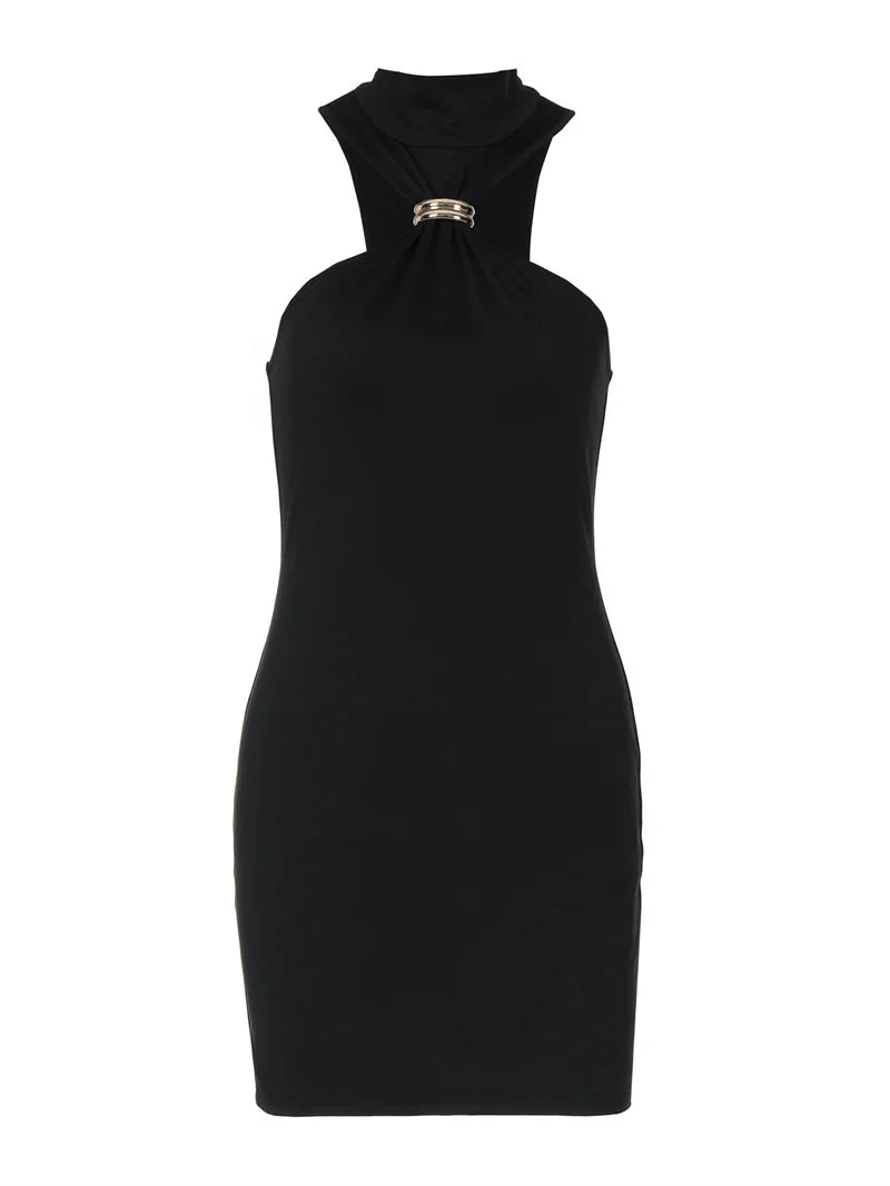 Summer Sleeveless Sexy Mini Dress Women Fashion Metal Ring Turtleneck Off-shoulder Strapless Club Party Dress Y2k