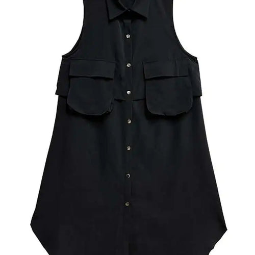 Load image into Gallery viewer, Women Black Shaped Pockets Big Size Midi Shirt Vest Dress New Lapel Sleeveless Fashion Tide Spring Autumn 2025 1DH9471
