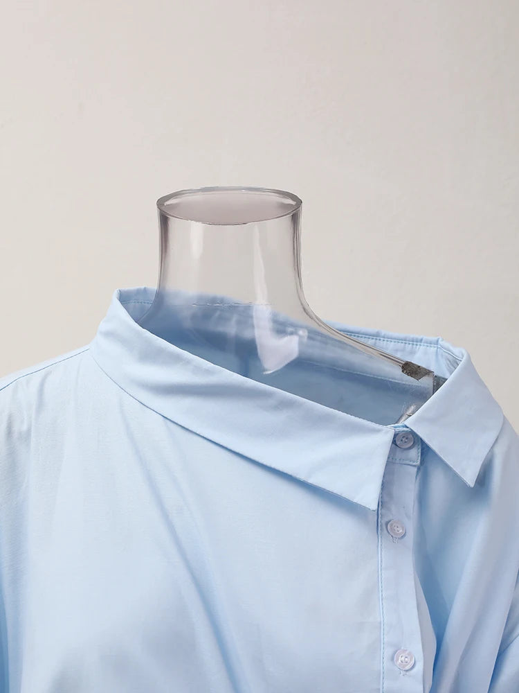 Women Blue Irregular Bandage Big Size Blouse New Skew Collar Long Sleeve Shirt Fashion Tide Spring Autumn 2025 CPDB112