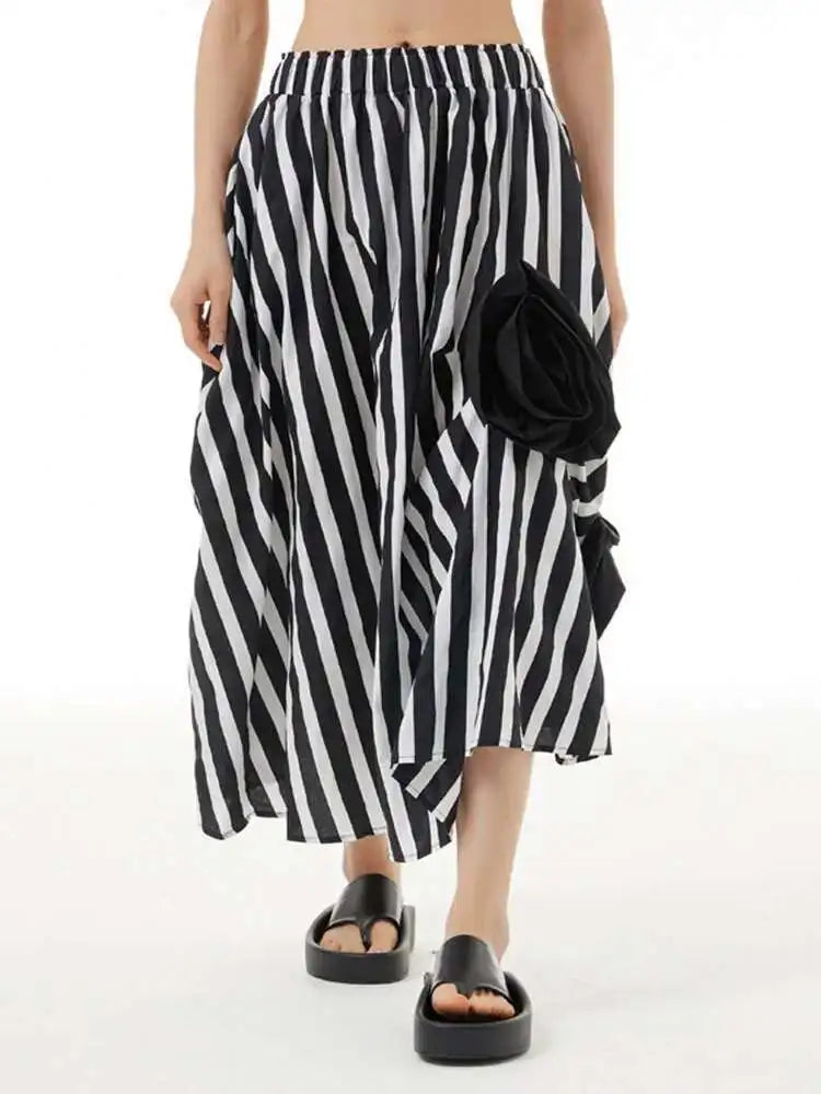 Women Black Flower Irregular Pleated Half-body Skirt High Elastic Waist Loose Fashion Tide New Spring Summer 2025 1DF9179