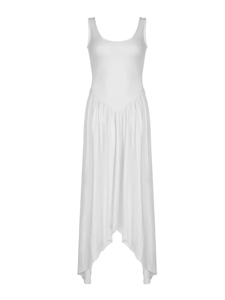 Elegant Sleeveless Slim Long Dress For Women 2024 Holiday Casual Street Solid Color Dress Pleats Irregular Vest Vestido