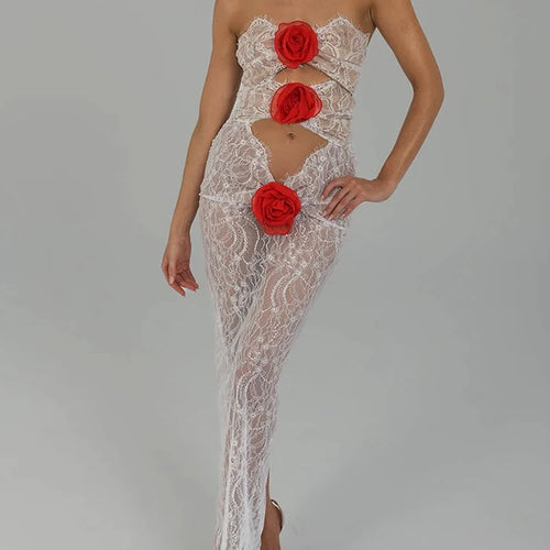 Load image into Gallery viewer, Sexy Lace Sleeveless Hollow Out Dress Women Elegant 3 Flowers Party Evening Femme Vestidos Bodycon Sheer Autumn 2023
