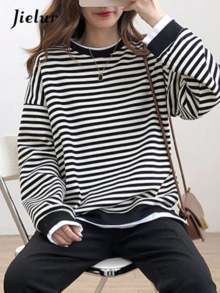 Loose Fake Two Piece Set Hoodies Ins Casual Chic Streetwear Pullovers Fashion Korean Striped Spell Color Women's Hoodies