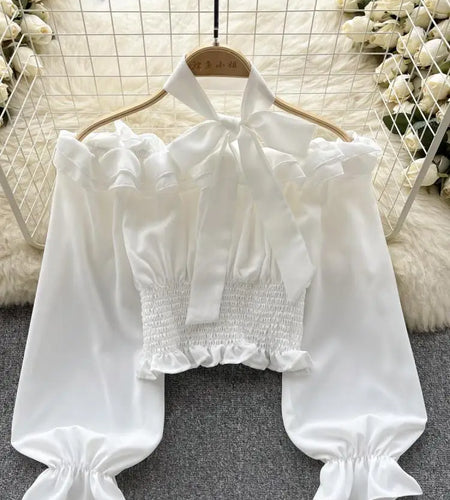 Women Sweet Sexy Club Bow Halter Blouse Off Shoulder Long Sleeve Solid Pleated Shirt Long Sleeve Short Ruffle Tops Spring Autumn