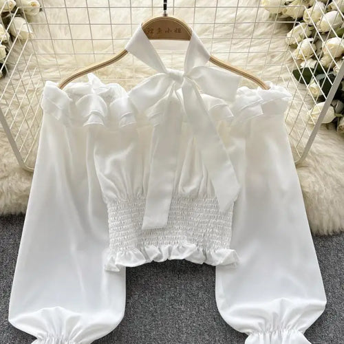 Load image into Gallery viewer, Women Sweet Sexy Club Bow Halter Blouse Off Shoulder Long Sleeve Solid Pleated Shirt Long Sleeve Short Ruffle Tops Spring Autumn
