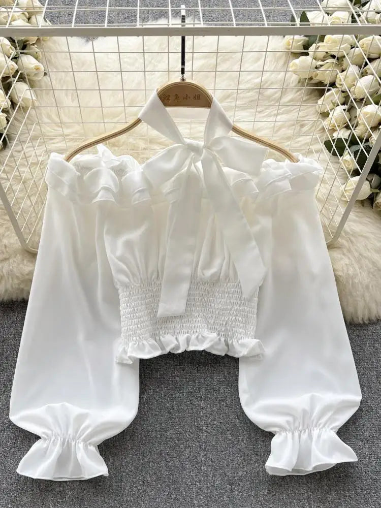 Women Sweet Sexy Club Bow Halter Blouse Off Shoulder Long Sleeve Solid Pleated Shirt Long Sleeve Short Ruffle Tops Spring Autumn