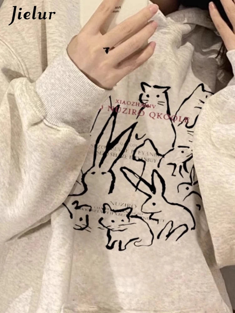 Loose Hooded Drawstring Lovely Printing Street Female Hoodies Winter Fashion Basic Simple Casual Pure Color Women Hoodies