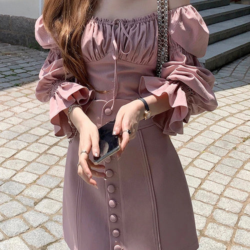 Load image into Gallery viewer, Pink Slim Two Piece Sweet Women&#39;s Blouse Autumn High Street Puff Sleeve Lace-up Pure Color Buttons Fashion Female Blouses
