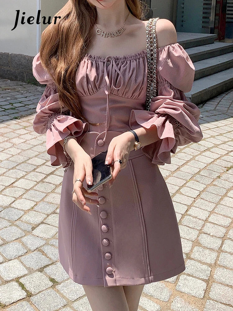 Pink Slim Two Piece Sweet Women's Blouse Autumn High Street Puff Sleeve Lace-up Pure Color Buttons Fashion Female Blouses