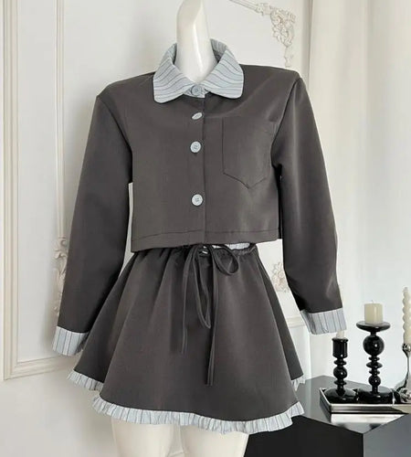 Vintage Women Autumn Gray Blue Striped Long Sleeved Single Breasted Top And High Waist Ruffles Pleated Short Skirt Two-piece Set