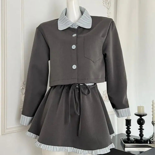 Load image into Gallery viewer, Vintage Women Autumn Gray Blue Striped Long Sleeved Single Breasted Top And High Waist Ruffles Pleated Short Skirt Two-piece Set
