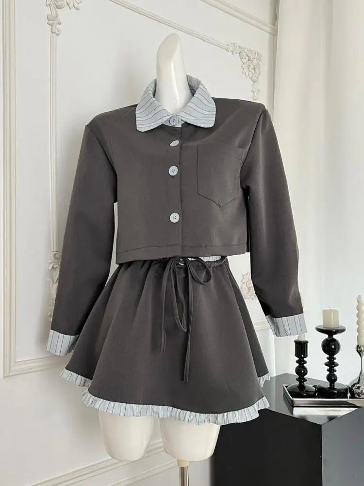 Vintage Women Autumn Gray Blue Striped Long Sleeved Single Breasted Top And High Waist Ruffles Pleated Short Skirt Two-piece Set
