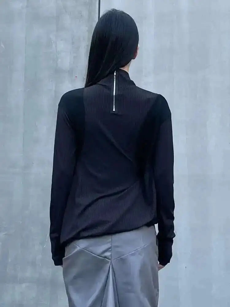 Women Black Irregular Casual T-shirt New Turtleneck Long Sleeve Loose Fit Tees Fashion Tide Spring Autumn 2025 1DH2678