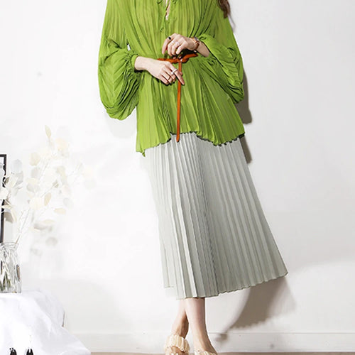 Load image into Gallery viewer, Loose Green Shirt For Women Round Neck Lantern Sleeve Solid Minimalist Blouses Female Fashion Spring Clothing Style
