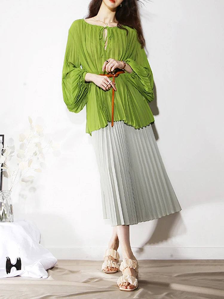 Loose Green Shirt For Women Round Neck Lantern Sleeve Solid Minimalist Blouses Female Fashion Spring Clothing Style